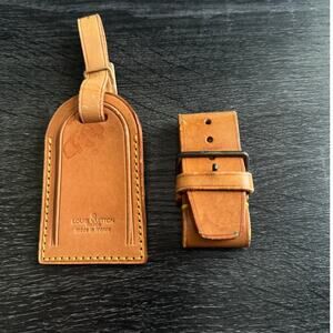 Authentic Louis Vuitton Vachetta Leather Name Luggage Tag And‎ Poignet Set SN925